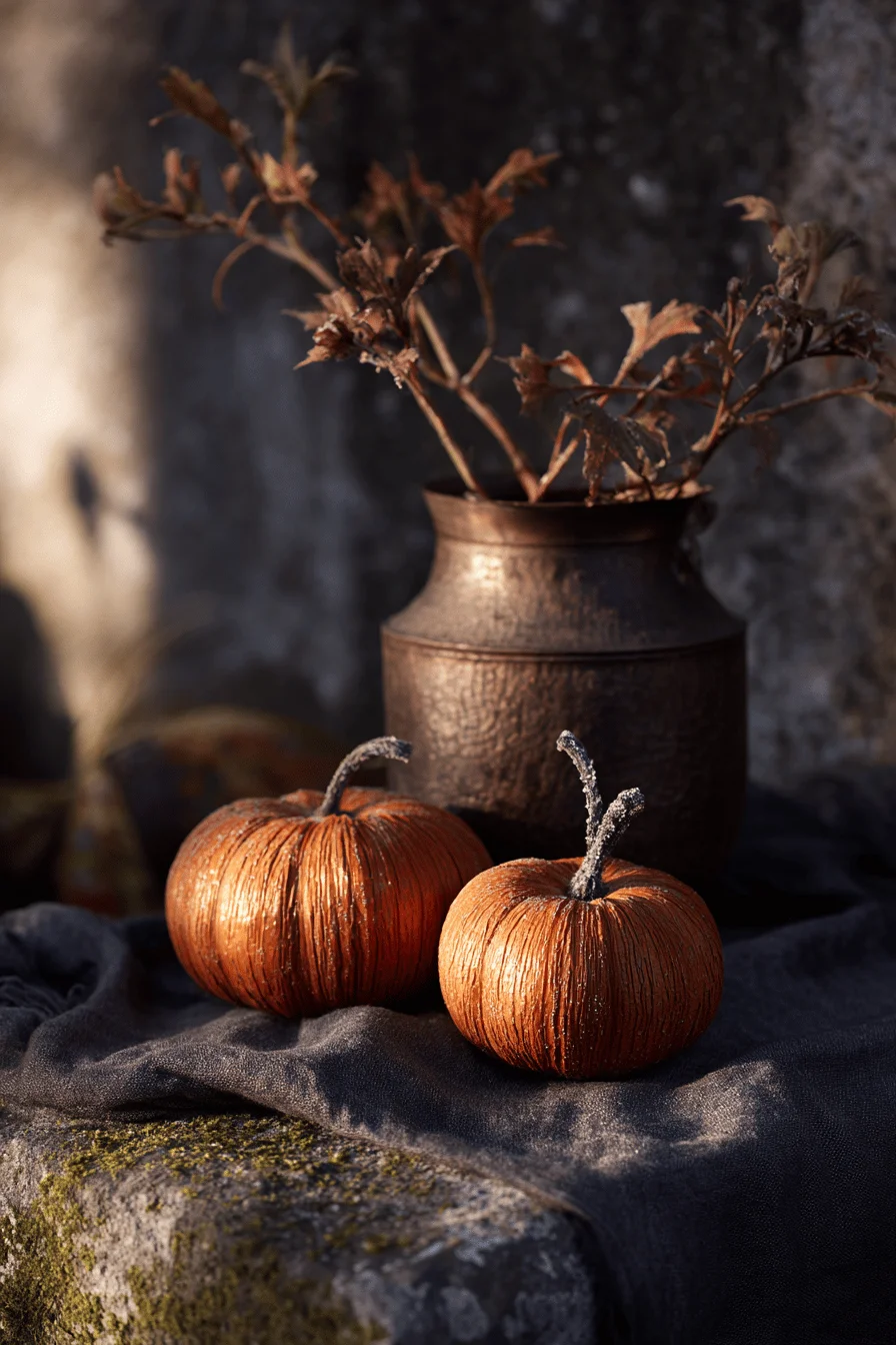 fall garden decor ideas featuring textured pumpkin centerpiece against weathered charcoal stone with golden hour lighting