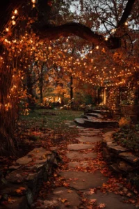 fall garden decor ideas featuring warm string lights canopy over stone pathway with autumn leaves
