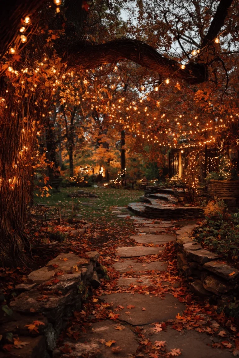 fall garden decor ideas featuring warm string lights canopy over stone pathway with autumn leaves