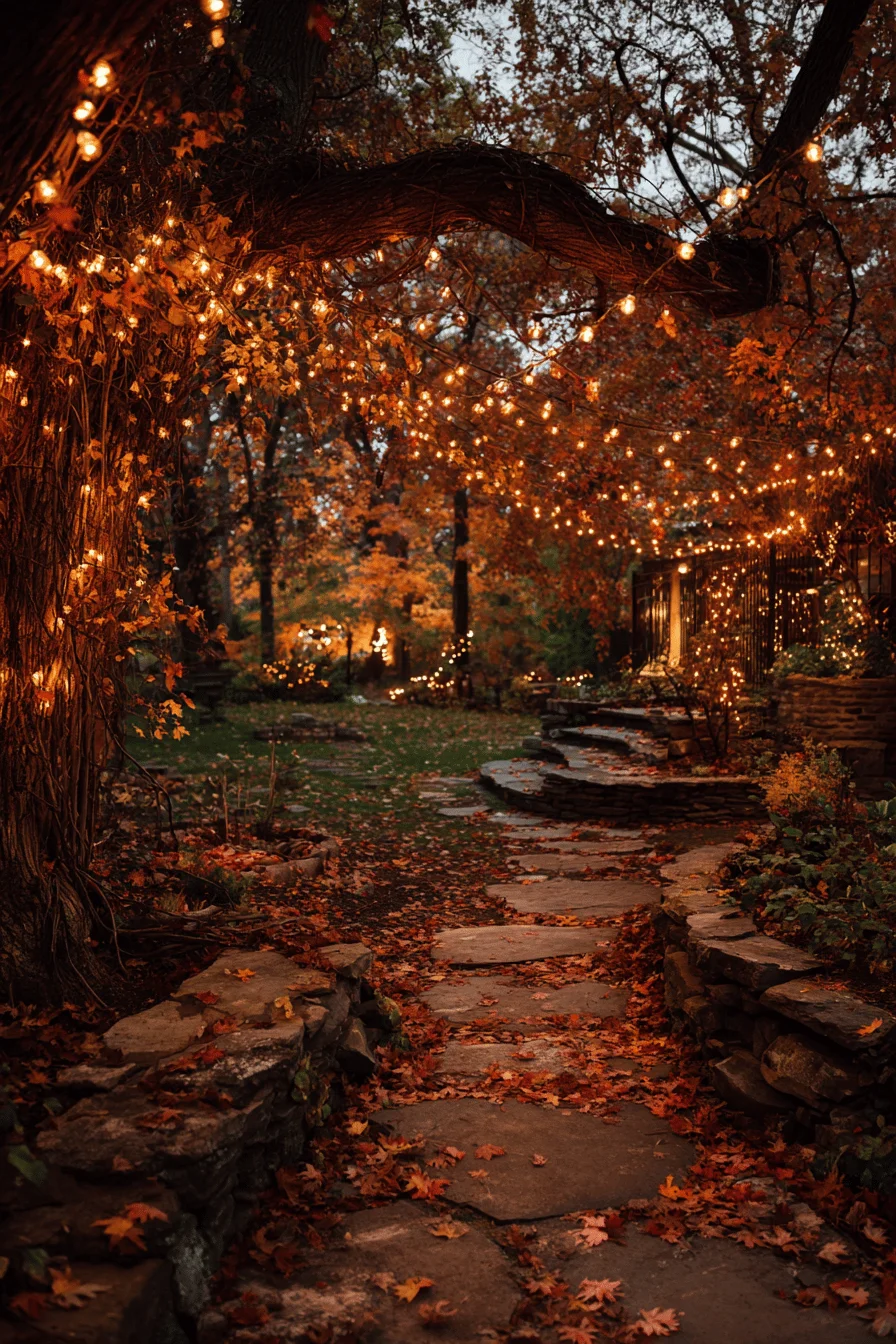 fall garden decor ideas featuring warm string lights canopy over stone pathway with autumn leaves