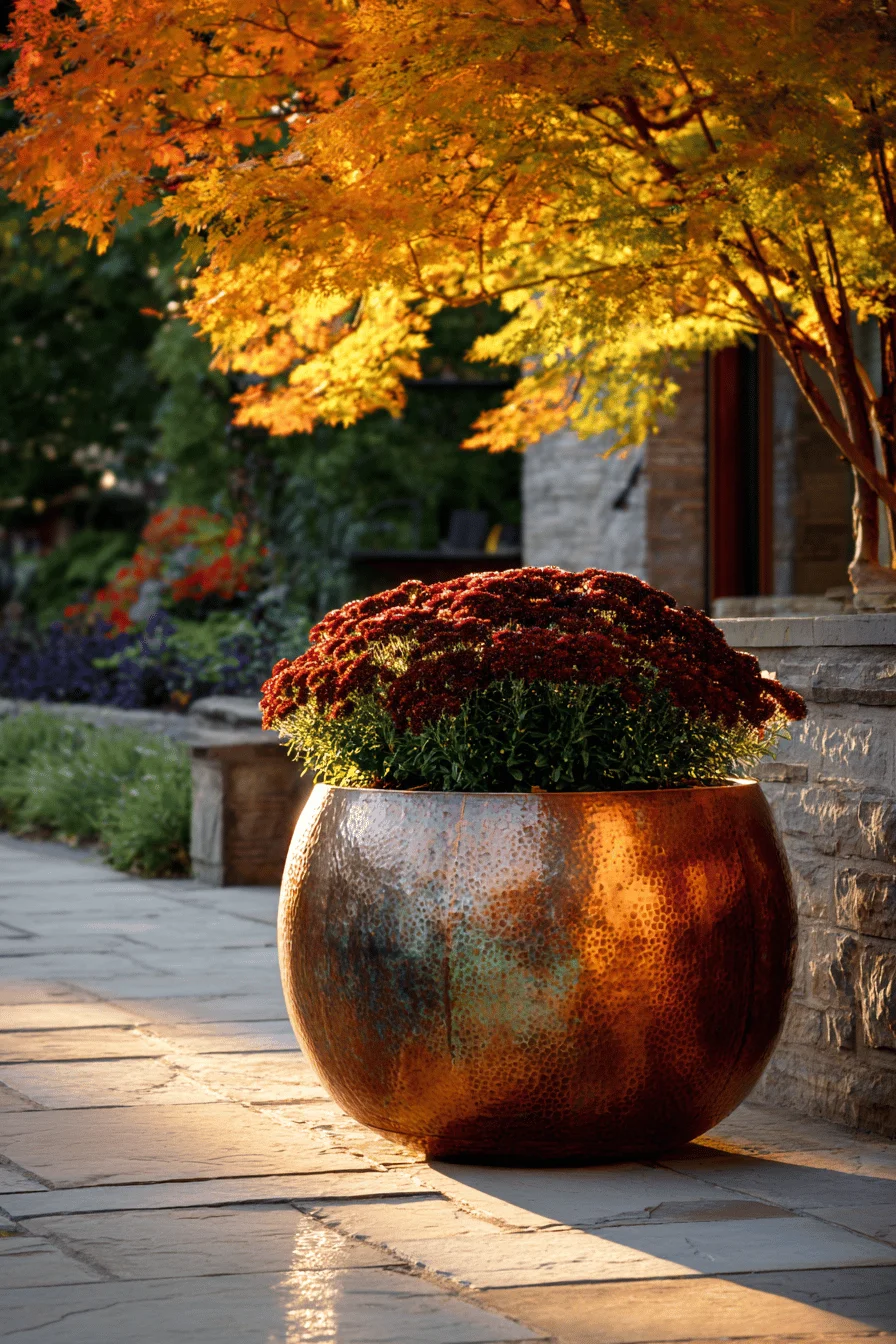 fall garden design showcasing hammered copper container with autumn plants in golden hour lighting