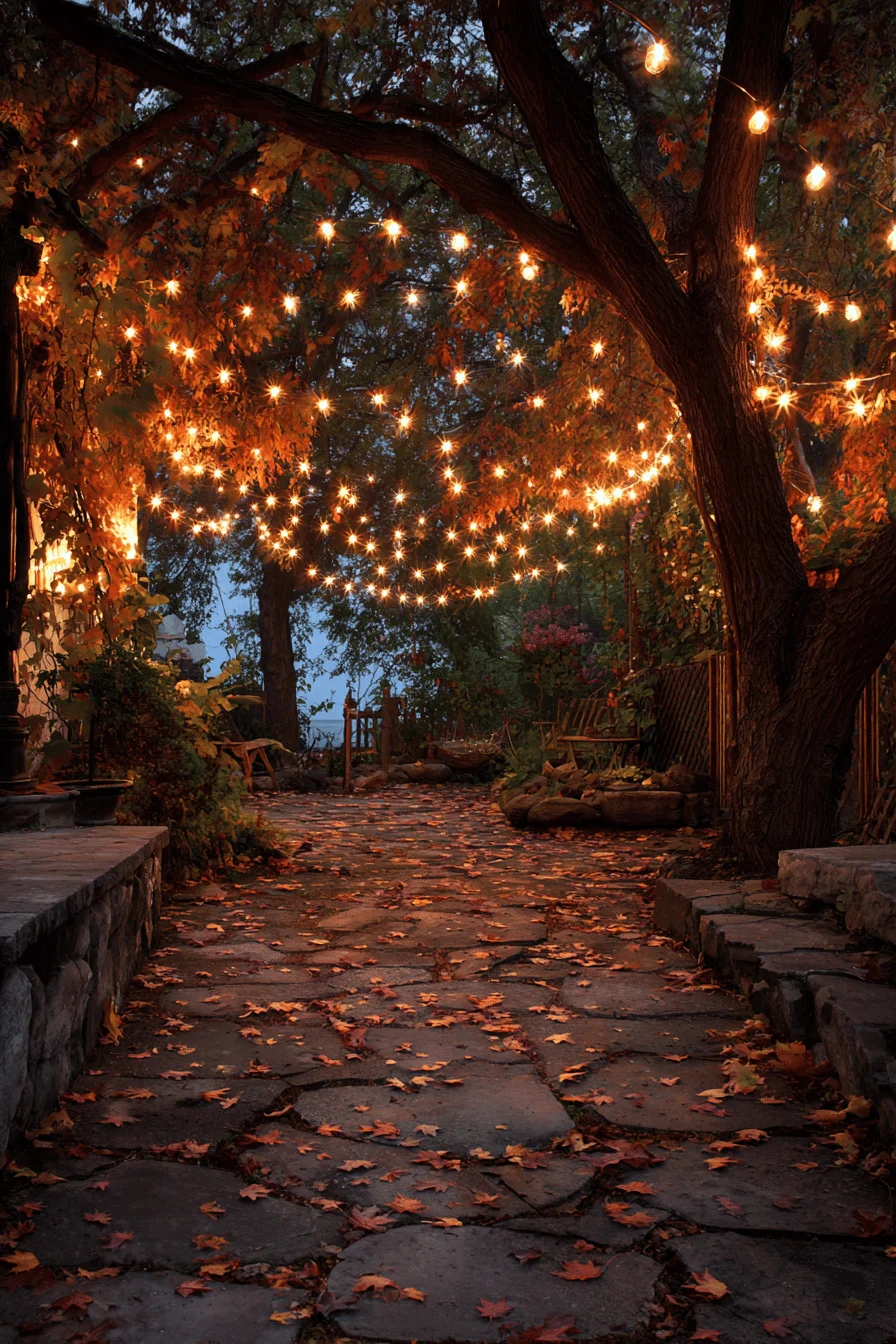 fall garden designs showing amber lighting through bare tree branches with copper wire fixtures