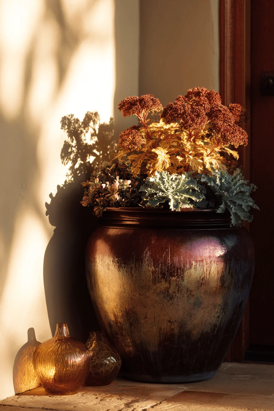 fall garden flowers designs showing clustered container arrangements with weathered copper materials