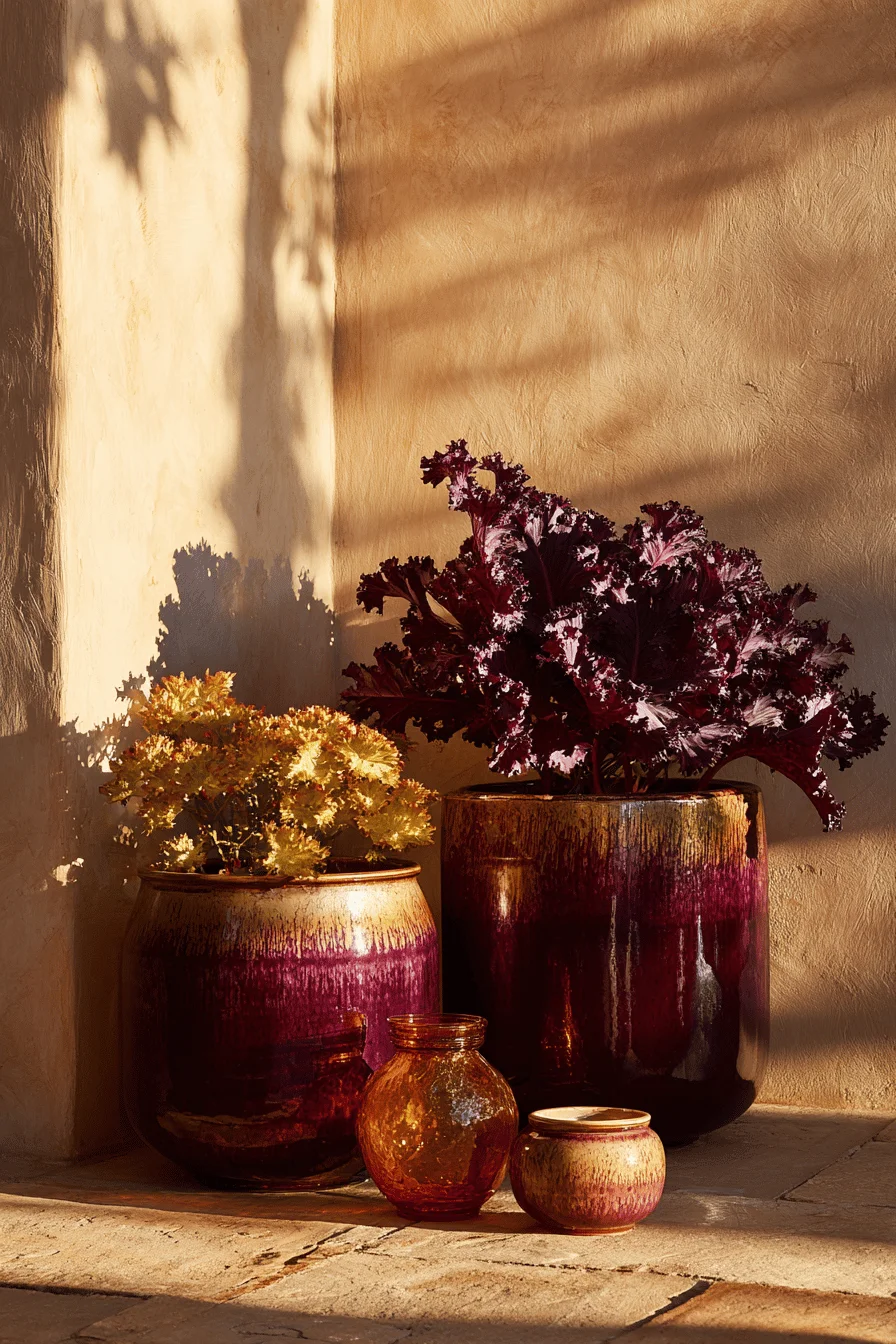 fall garden flowers ideas featuring burgundy planters with ornamental kale in golden sunlight