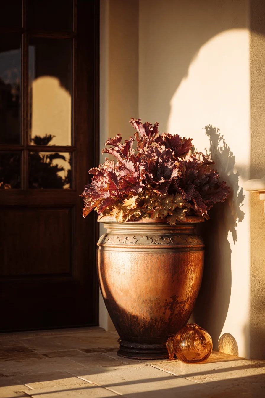 fall garden flowers inspiration displaying ceramic planters against cream backdrop with dramatic shadows