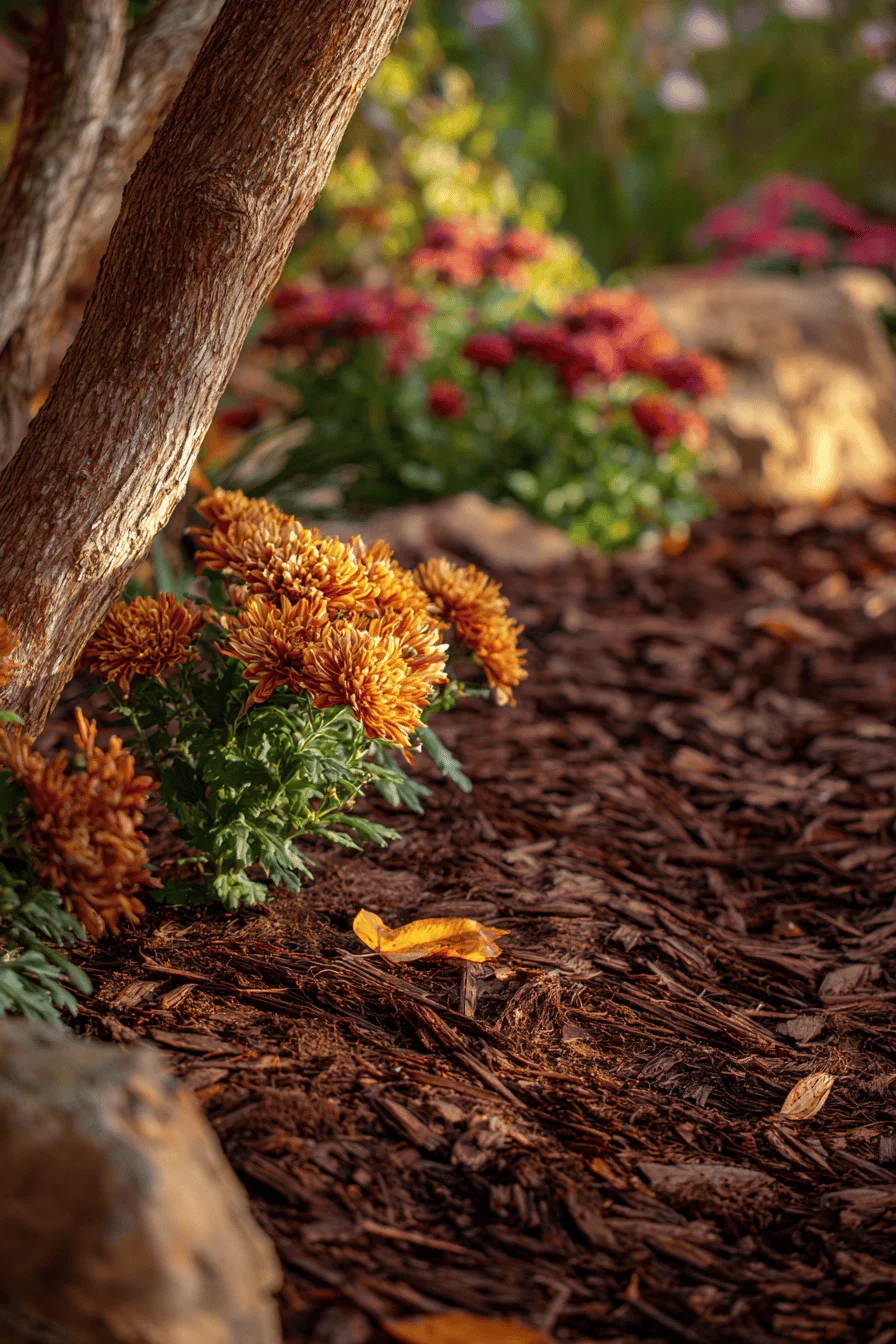 fall garden ideas featuring dark mulch golden leaves and warm sunlight through branches
