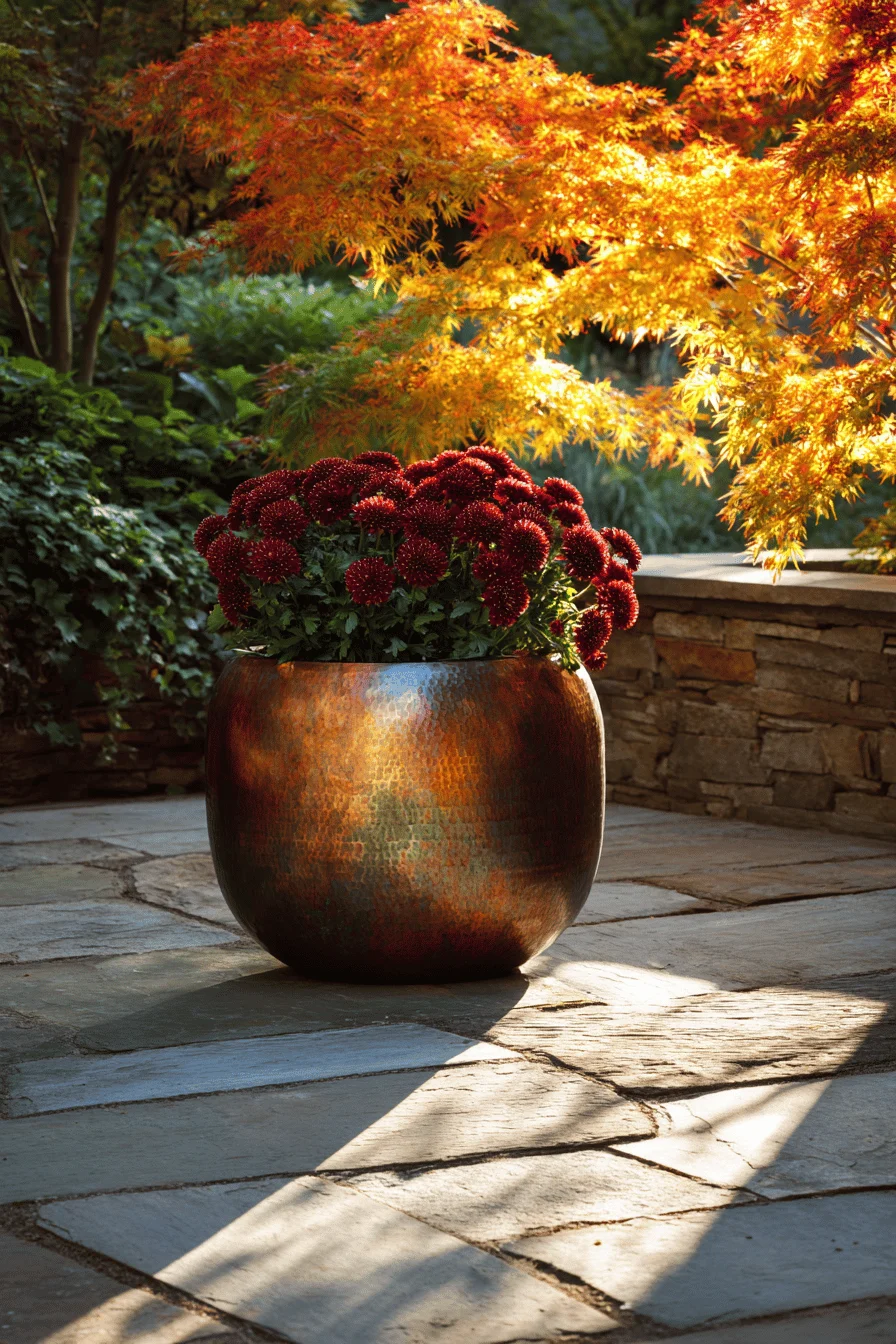 fall garden ideas featuring oversized copper planter with burgundy mums and golden maple foliage