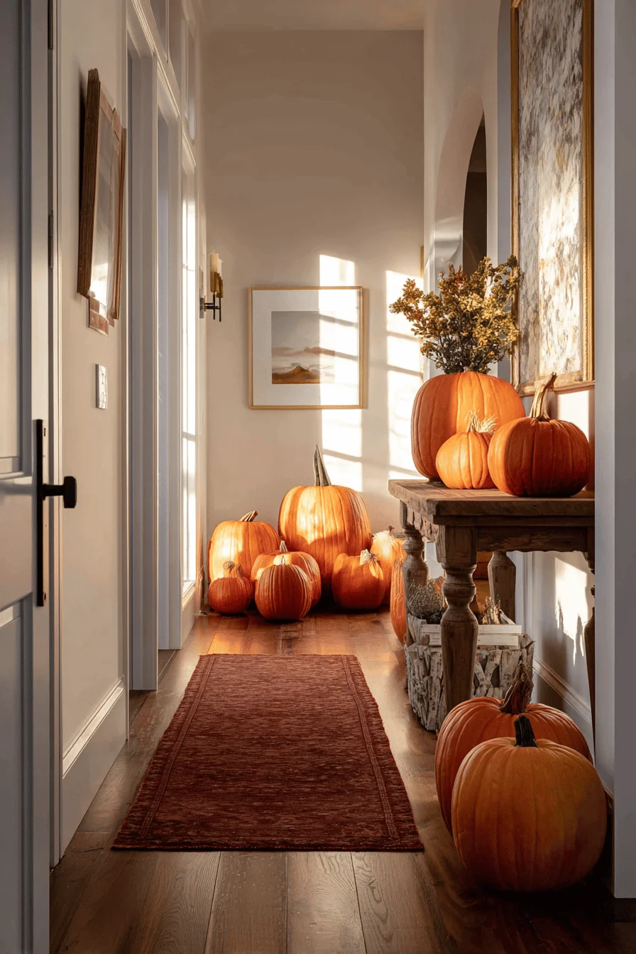 fall hallway aesthetics featuring warm white walls brass accents and seasonal pumpkin arrangement display