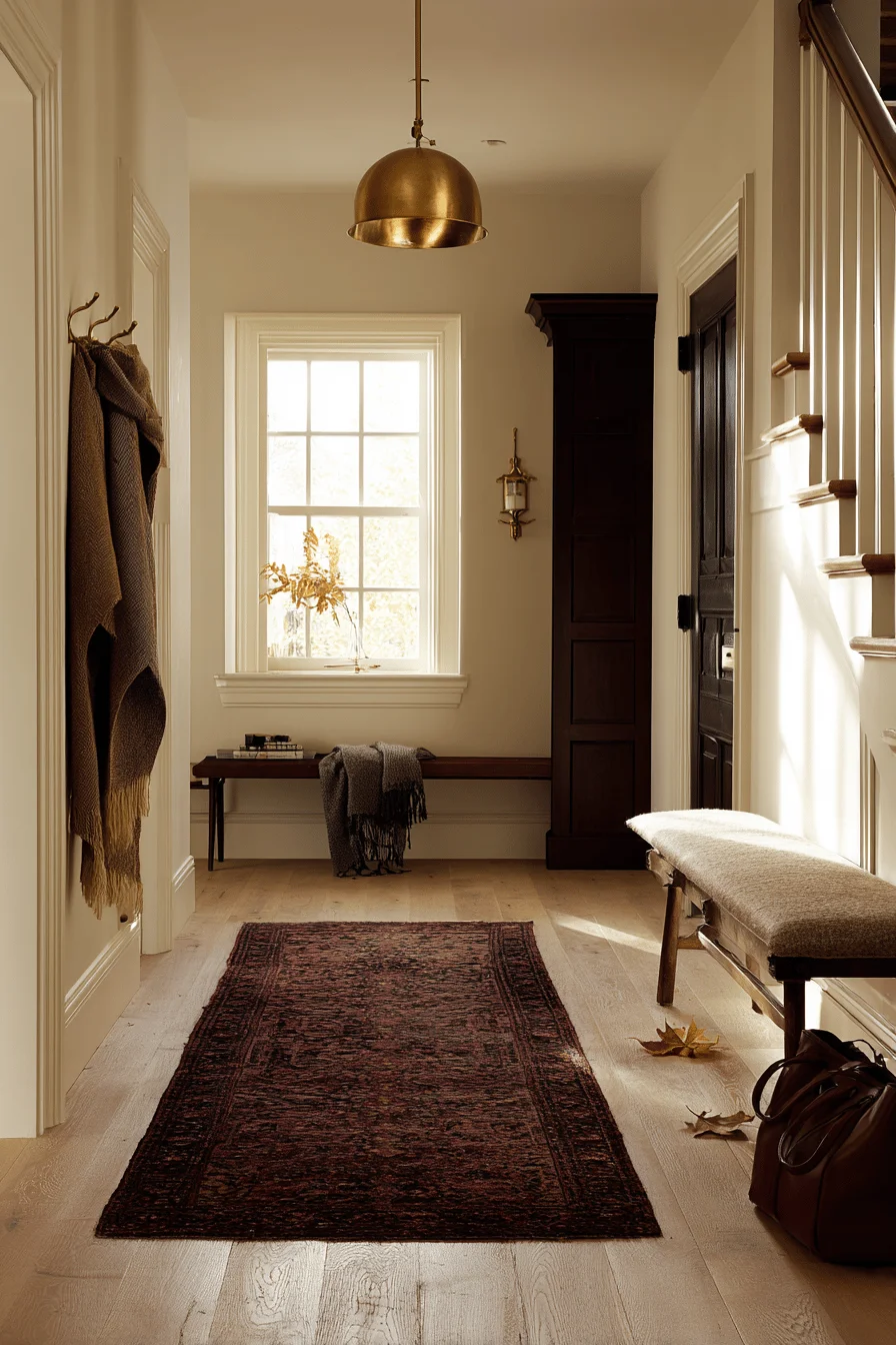 fall hallway aesthetics with deep burgundy runner brass fixtures and autumn seasonal decor elements