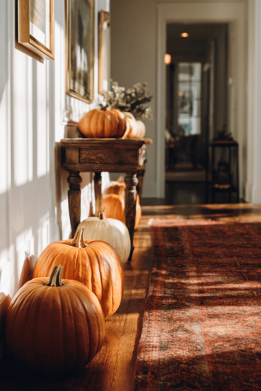 fall hallway designs showcasing carved wooden console table with varying height pumpkins and warm lighting