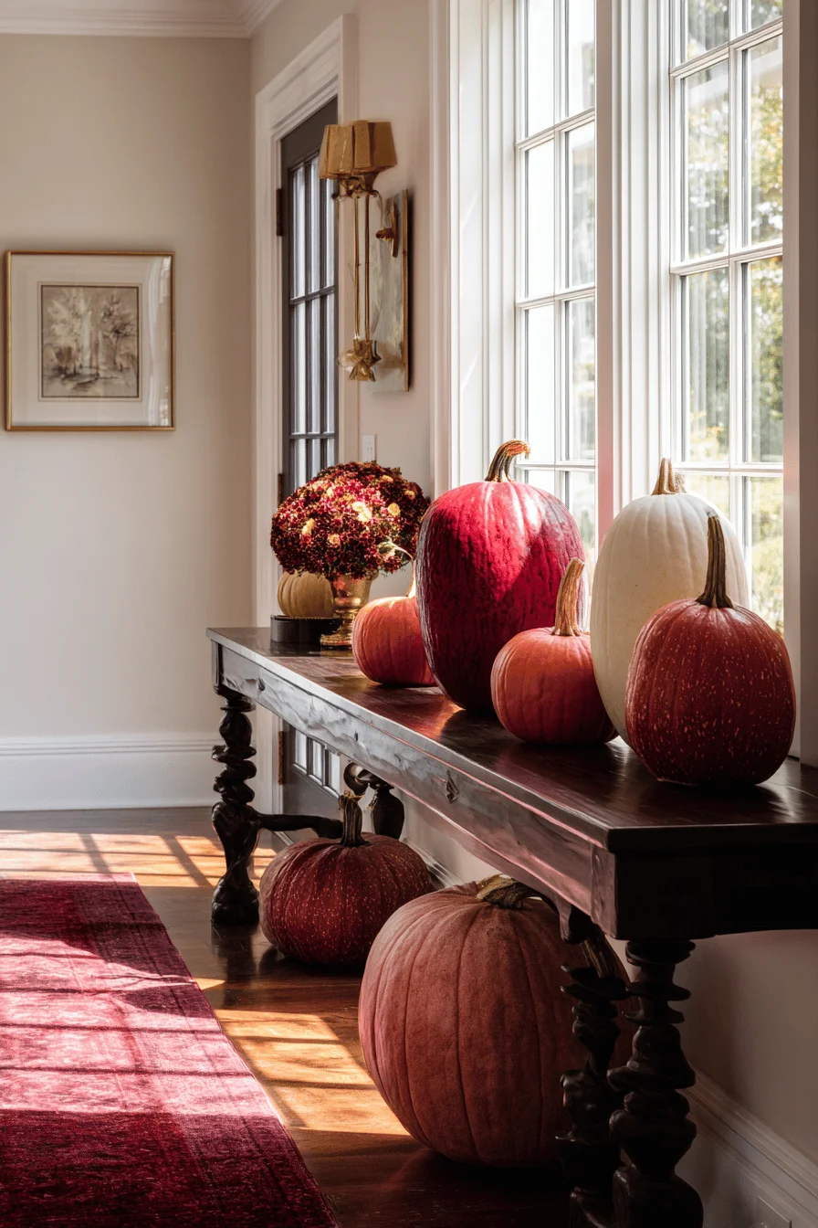fall hallway inspiration displaying autumn centerpiece arrangement on polished hardwood floors with golden sunlight