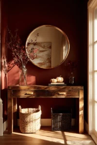 fall hallway table decor aesthetics displaying vintage copper mirror with golden hour sunlight streaming