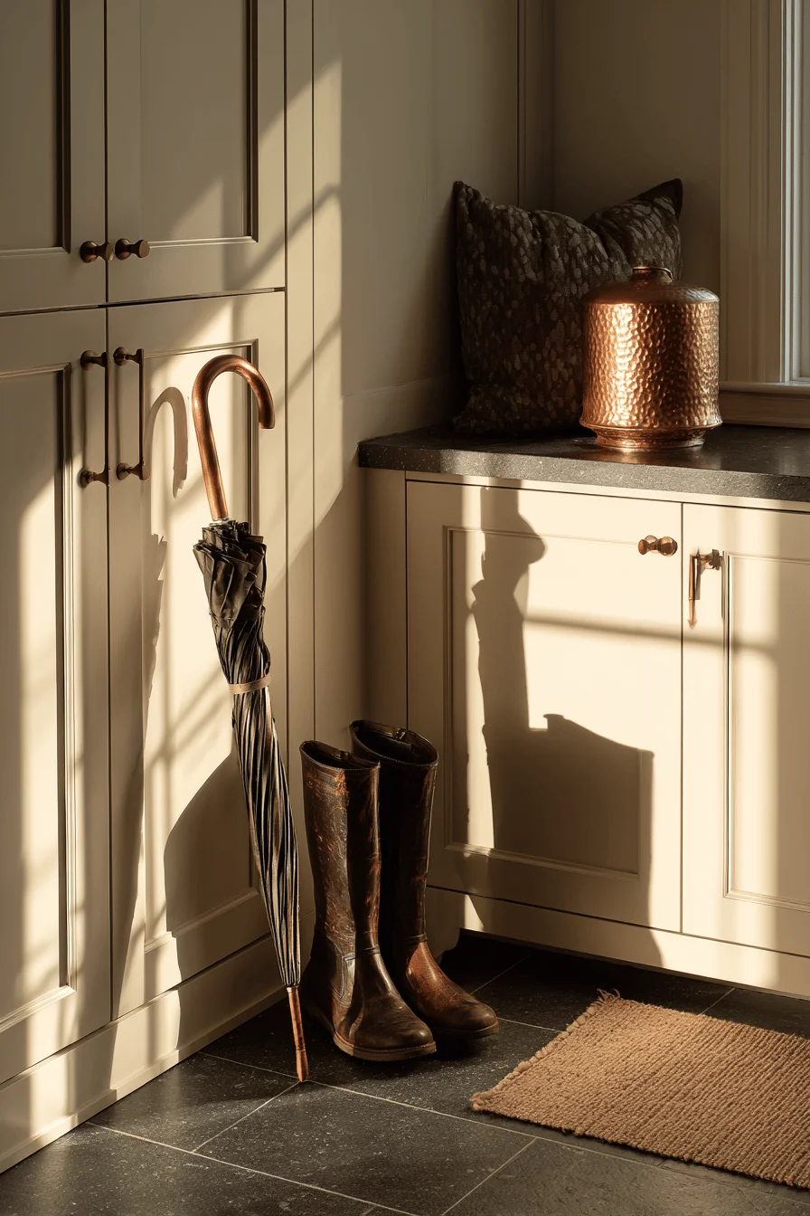 fall mudroom decor ideas featuring copper boot tray and cream cabinetry with golden sunlight
