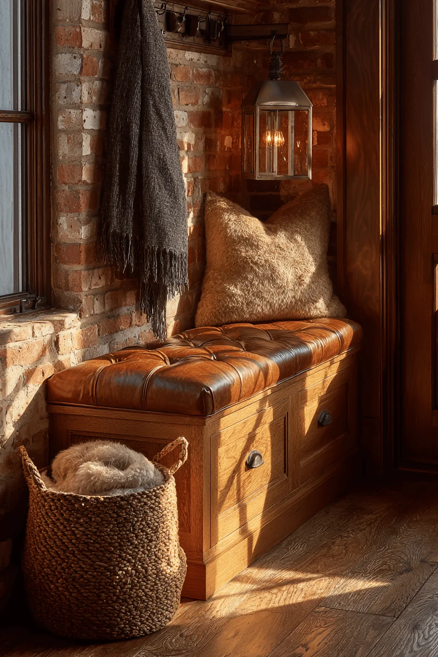 fall mudroom designs with weathered brick walls storage baskets and dramatic golden hour sunlight