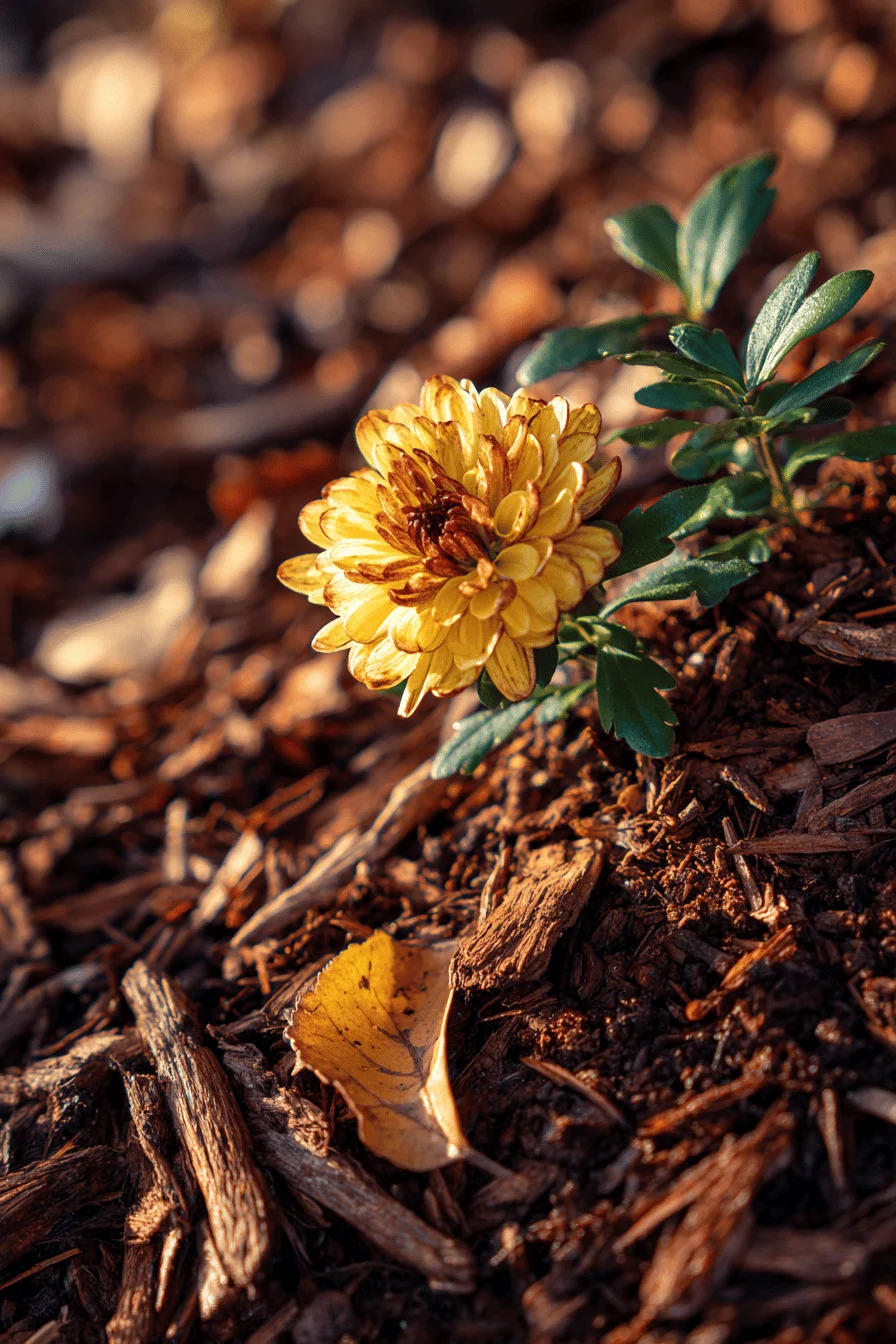 garden ideas displaying fall landscape with textured mulch golden foliage and afternoon sun