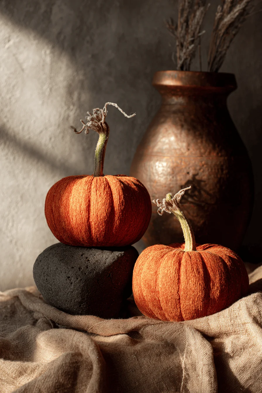 garden layout inspiration displaying fall decorations with hand carved pumpkin stems and morning frost details