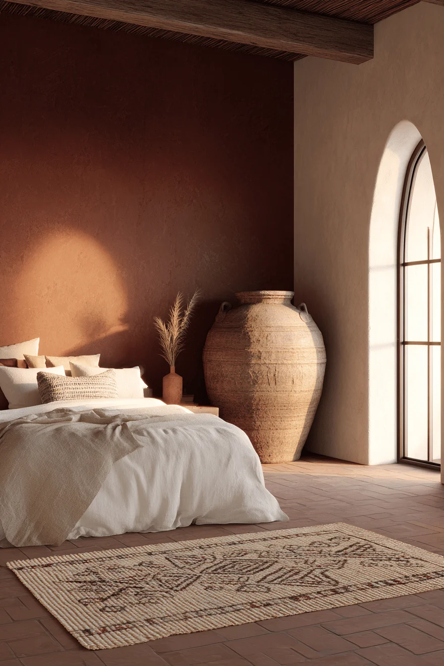hacienda bedroom mexican style aesthetics displaying deep terracotta walls contrasting with crisp white bedding