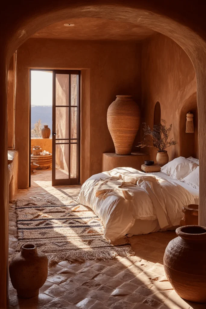 hacienda bedroom mexican style designs with ceramic tile flooring and geometric jute rug in golden light