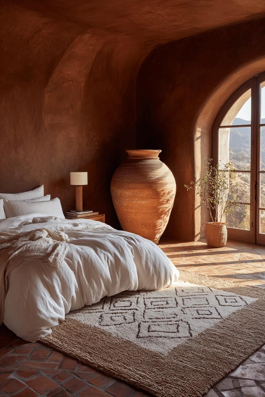 hacienda bedroom mexican style ideas featuring oversized clay pottery and terracotta walls with white linens