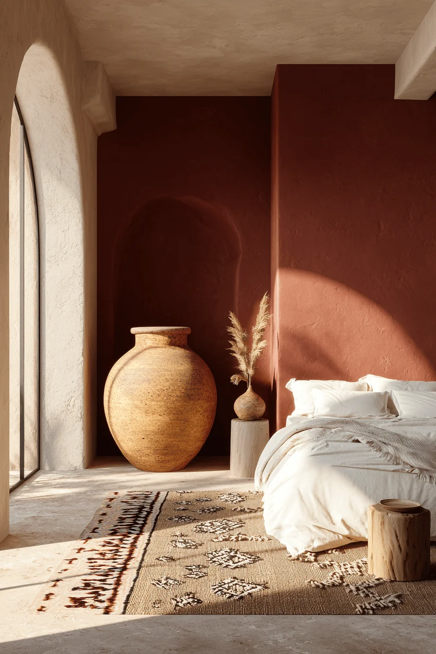 hacienda bedroom mexican style inspiration showing arched window with handcrafted pottery vessel centerpiece