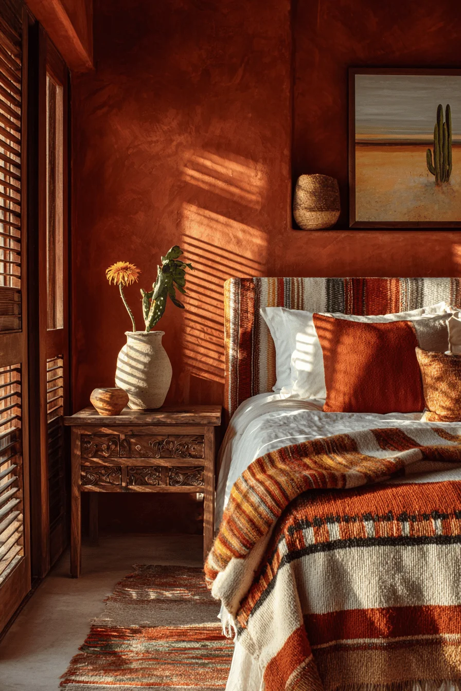 hacienda style bedroom aesthetics displaying luxury wool blankets and ceramic vase with single bloom