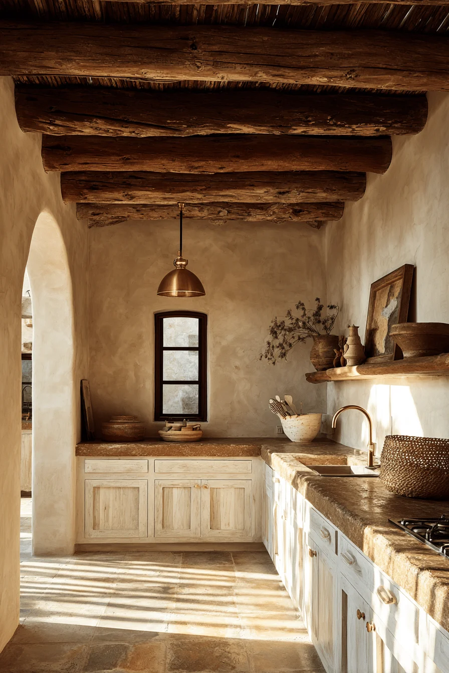hacienda style mexican kitchen ideas featuring exposed wooden beams and terracotta walls with white cabinets