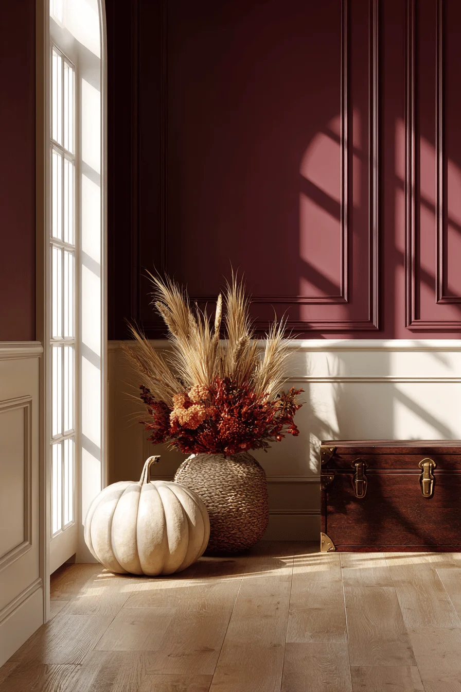 hallway fall decorating designs showing oak flooring with brass hardware and autumn wheat arrangement decor