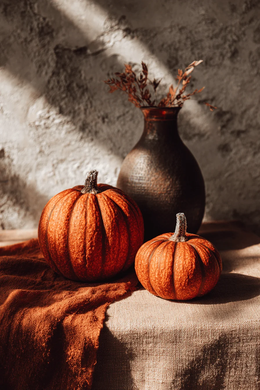 home garden aesthetics featuring deep orange pumpkins against stone backdrop with dramatic golden hour shadows