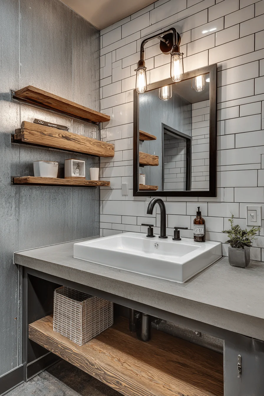industrial barndominium bathroom aesthetics highlighting brushed steel hardware with vintage inspired lighting and textured surfaces