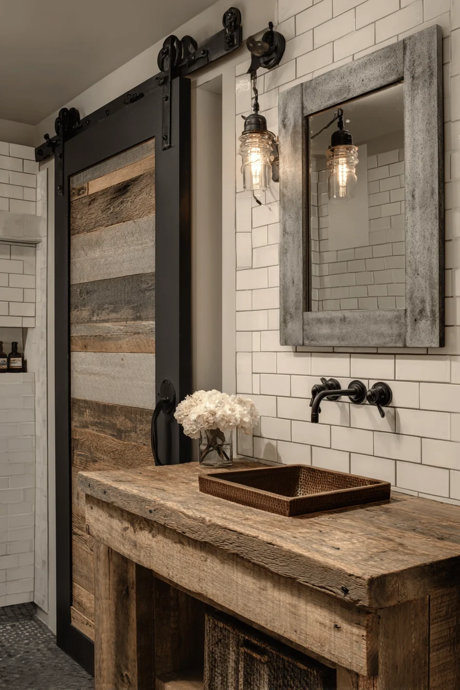 industrial barndominium bathroom designs with mason jar lighting and natural stone accent wall