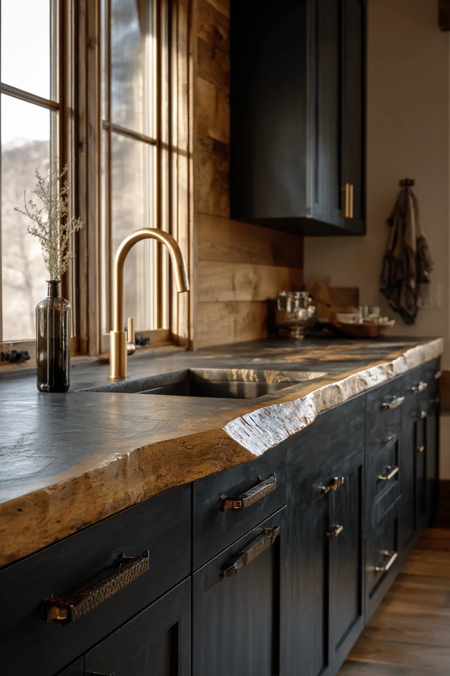lake cottage kitchen aesthetics displaying charcoal cabinetry against honey wood walls with premium stone counters