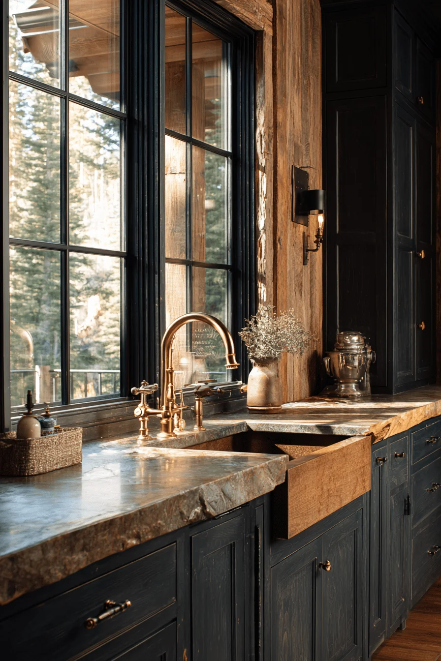 lake cottage kitchen designs showcasing rustic iron hardware and natural stone countertops with golden lighting