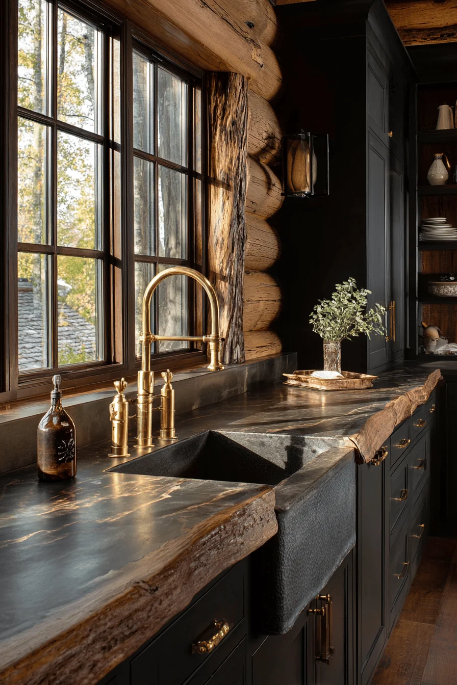 lake cottage kitchen ideas featuring deep charcoal cabinets with warm honey wood accent wall
