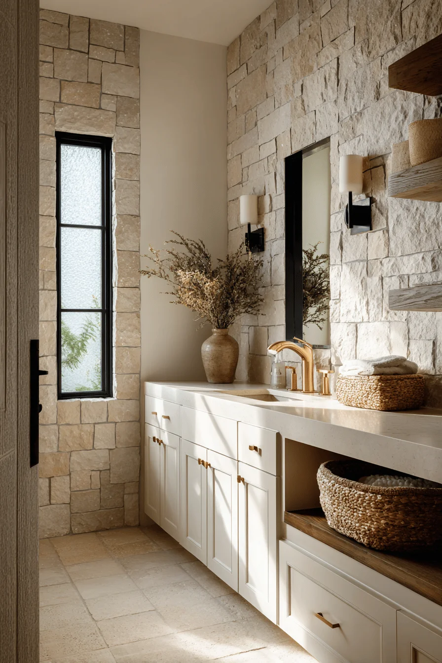 lake house bathroom inspiration with textured limestone flooring and frosted window creating spa atmosphere