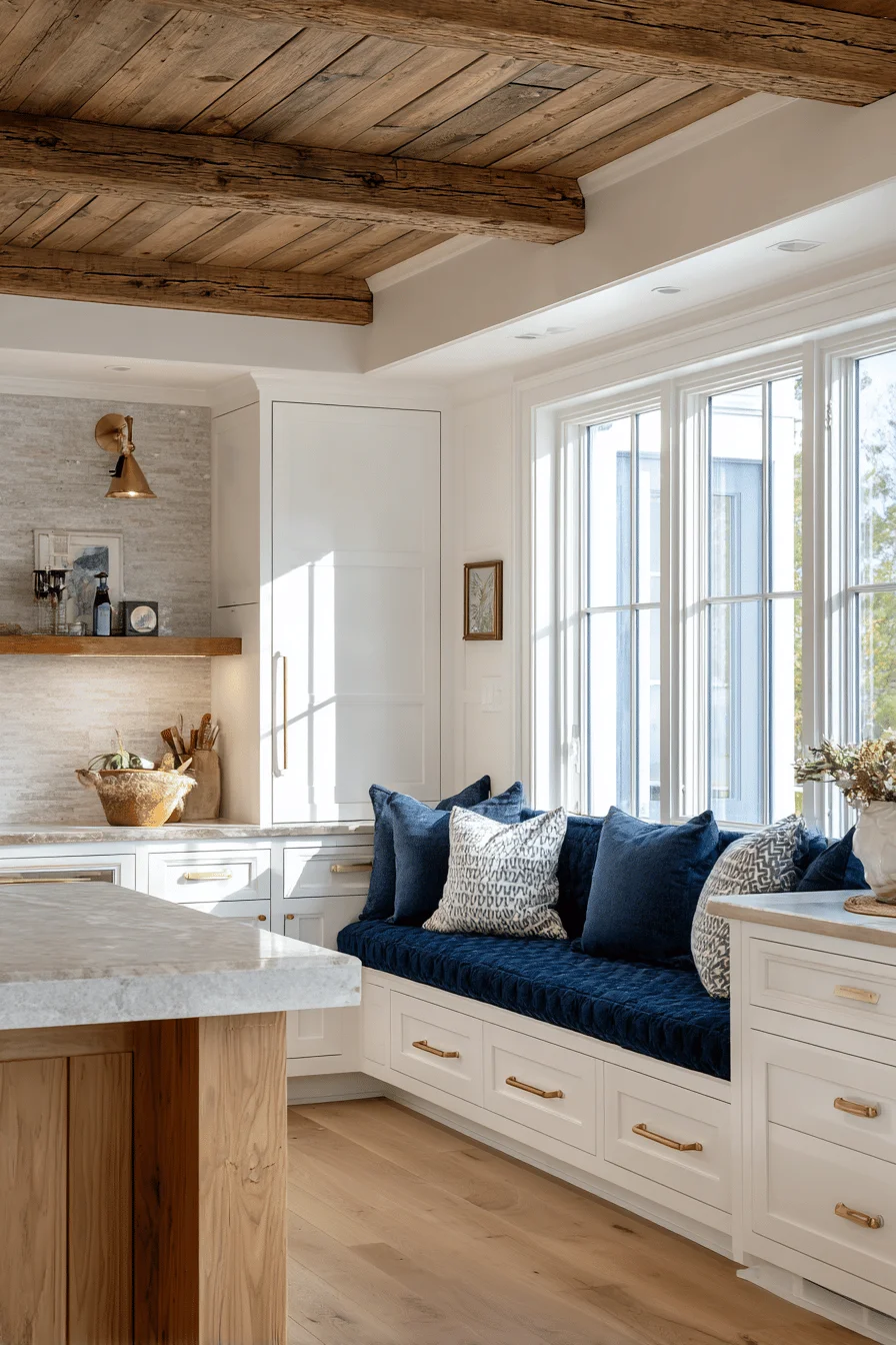 lake house kitchen aesthetics displaying white cabinetry wood paneling and waterfront style banquette seating with navy accents