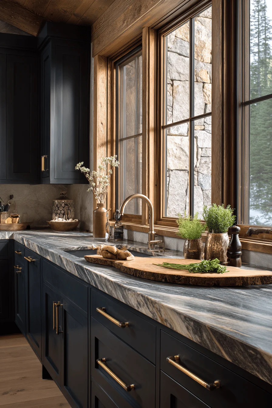 lake house kitchen aesthetics with golden hour sunlight streaming through large windows onto stone surfaces