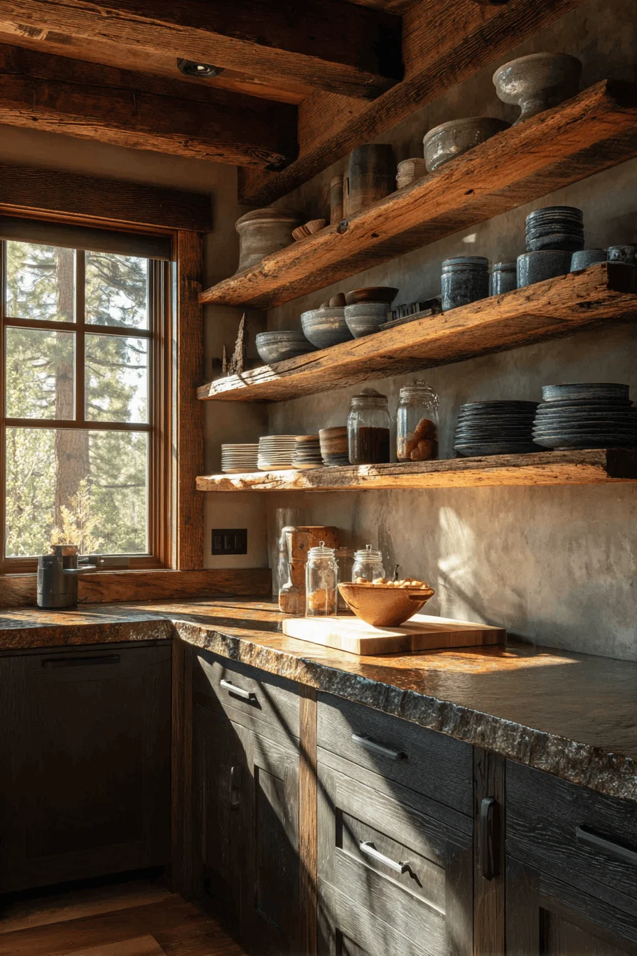 lake house kitchen cabinets aesthetics with wrought iron hardware and dramatic morning sunlight streaming