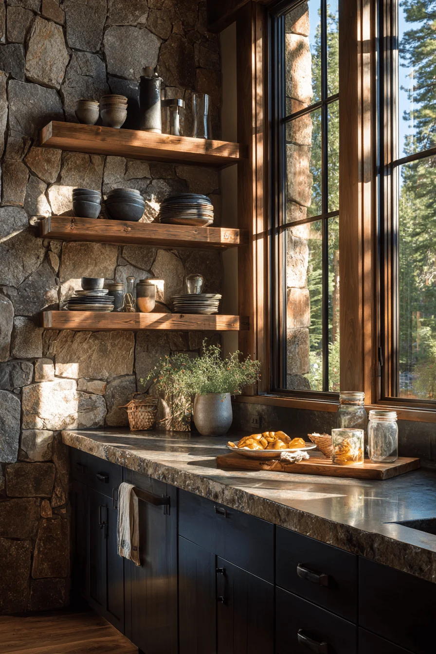 lake house kitchen cabinets ideas featuring charcoal cabinetry with reclaimed wood open shelving