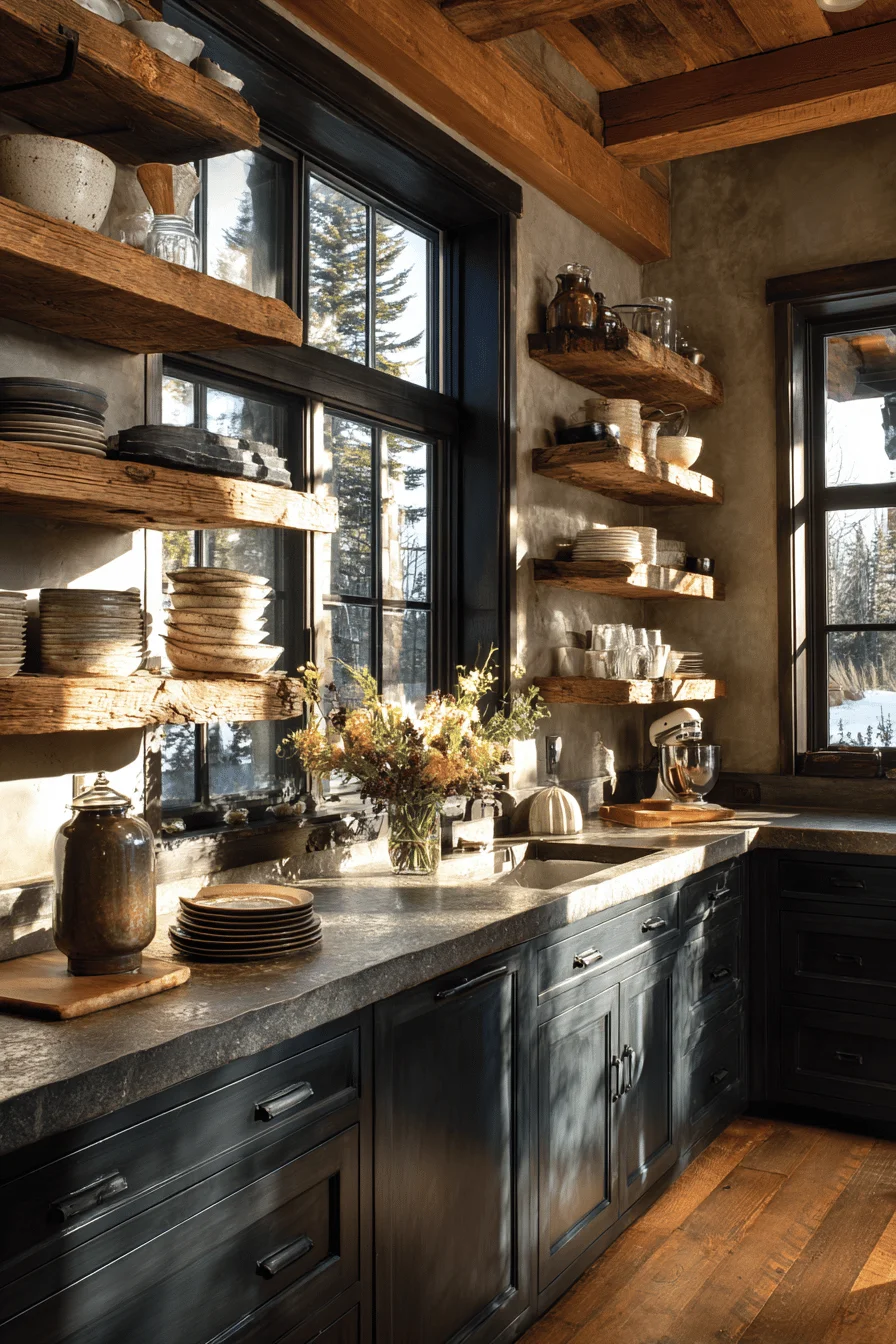 lake house kitchen cabinets inspiration displaying floating shelves with ceramic dinnerware and mason jars