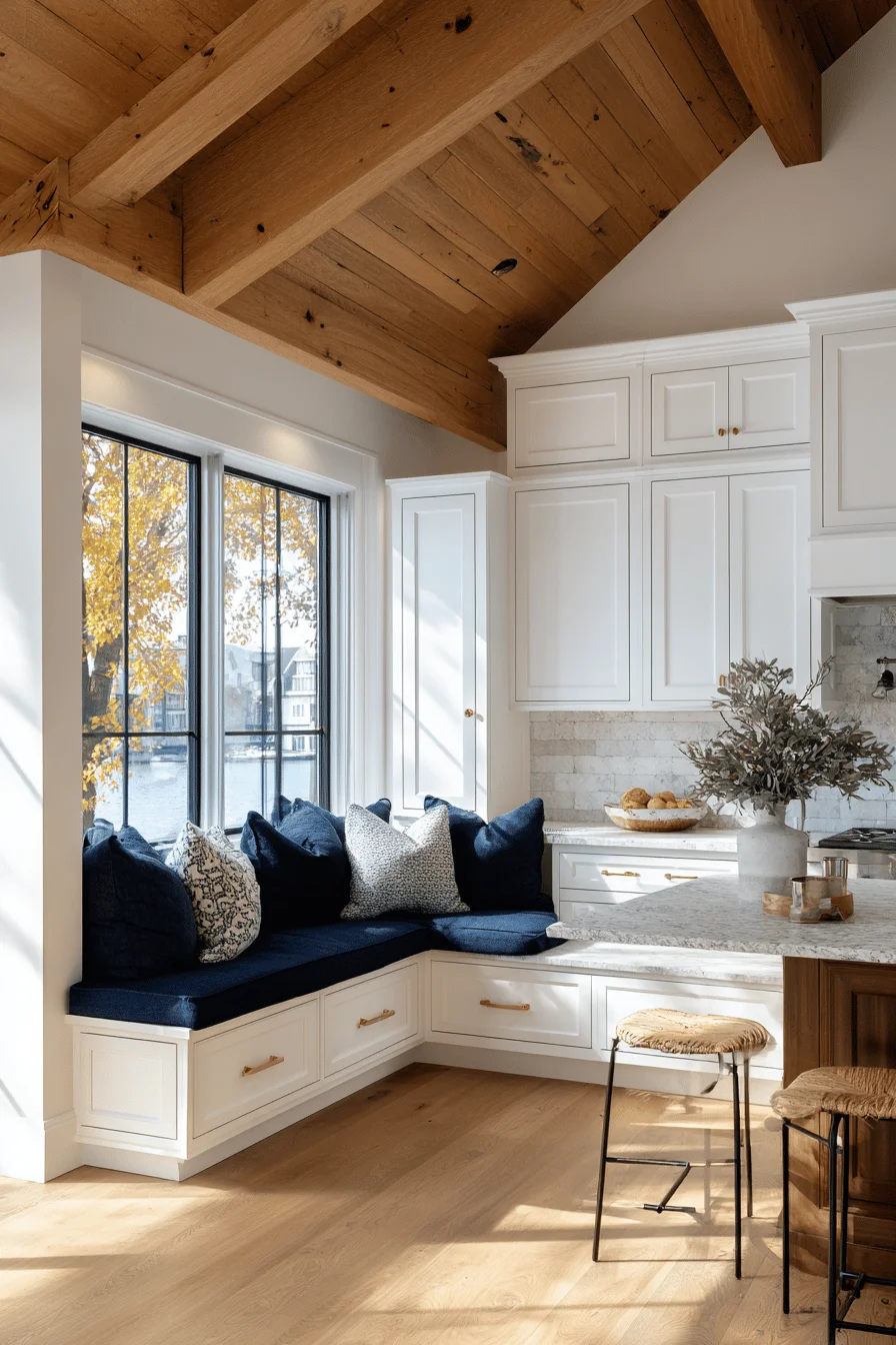 lake house kitchen design with built in breakfast nook brass hardware and reclaimed wood ceiling beams