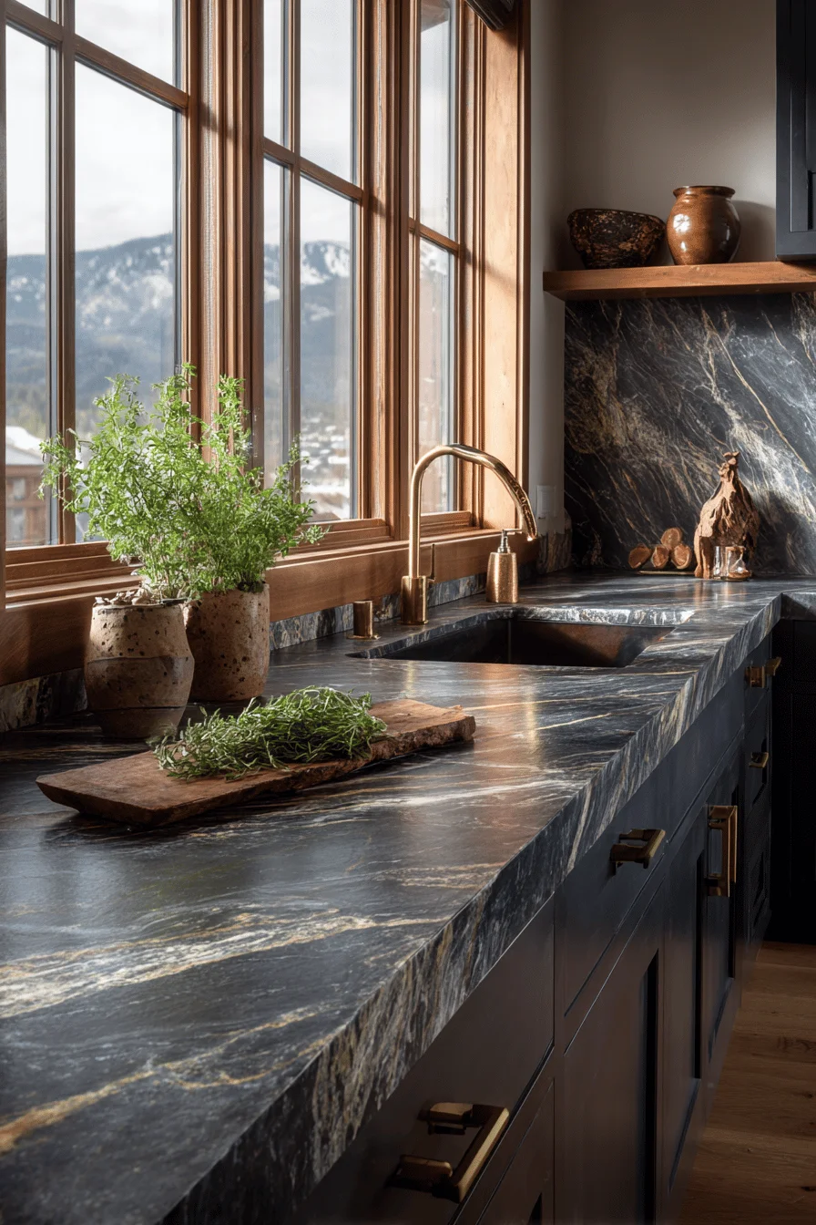 lake house kitchen designs with honed granite surfaces brass hardware and honey wood accents