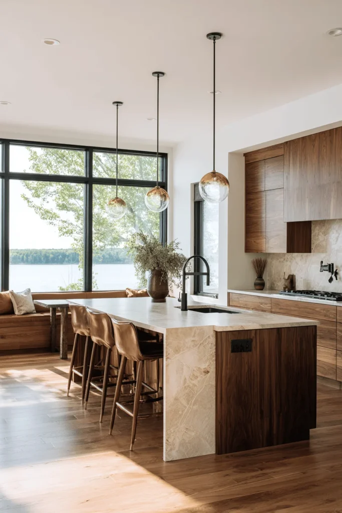 lake house kitchen designs with natural stone backsplash brass fixtures and floor to ceiling windows