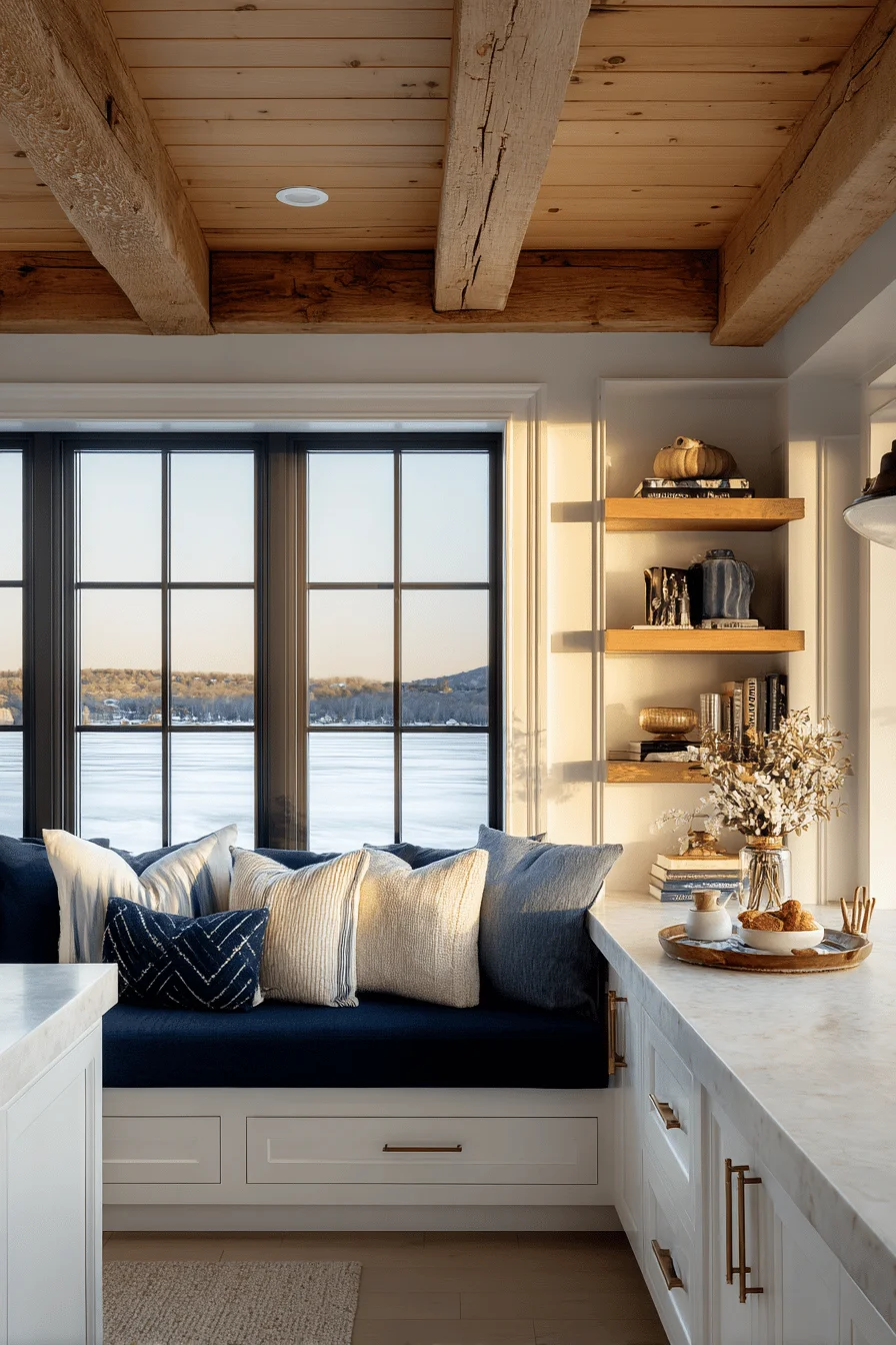 lake house kitchen ideas featuring navy banquette seating white cabinets and warm wood paneling with natural lighting