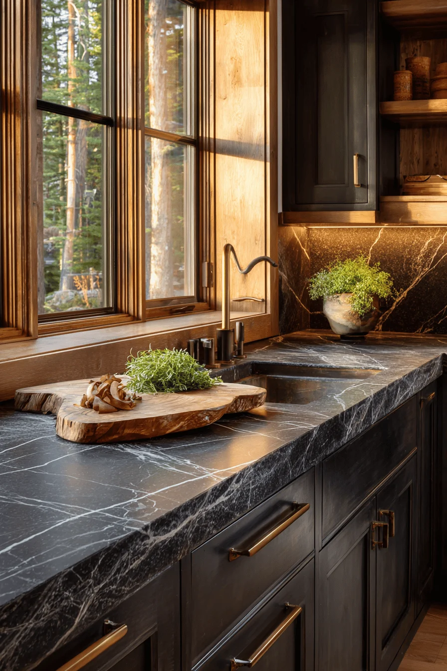 lake house kitchen inspiration showing leather finish countertops and live edge wooden cutting board