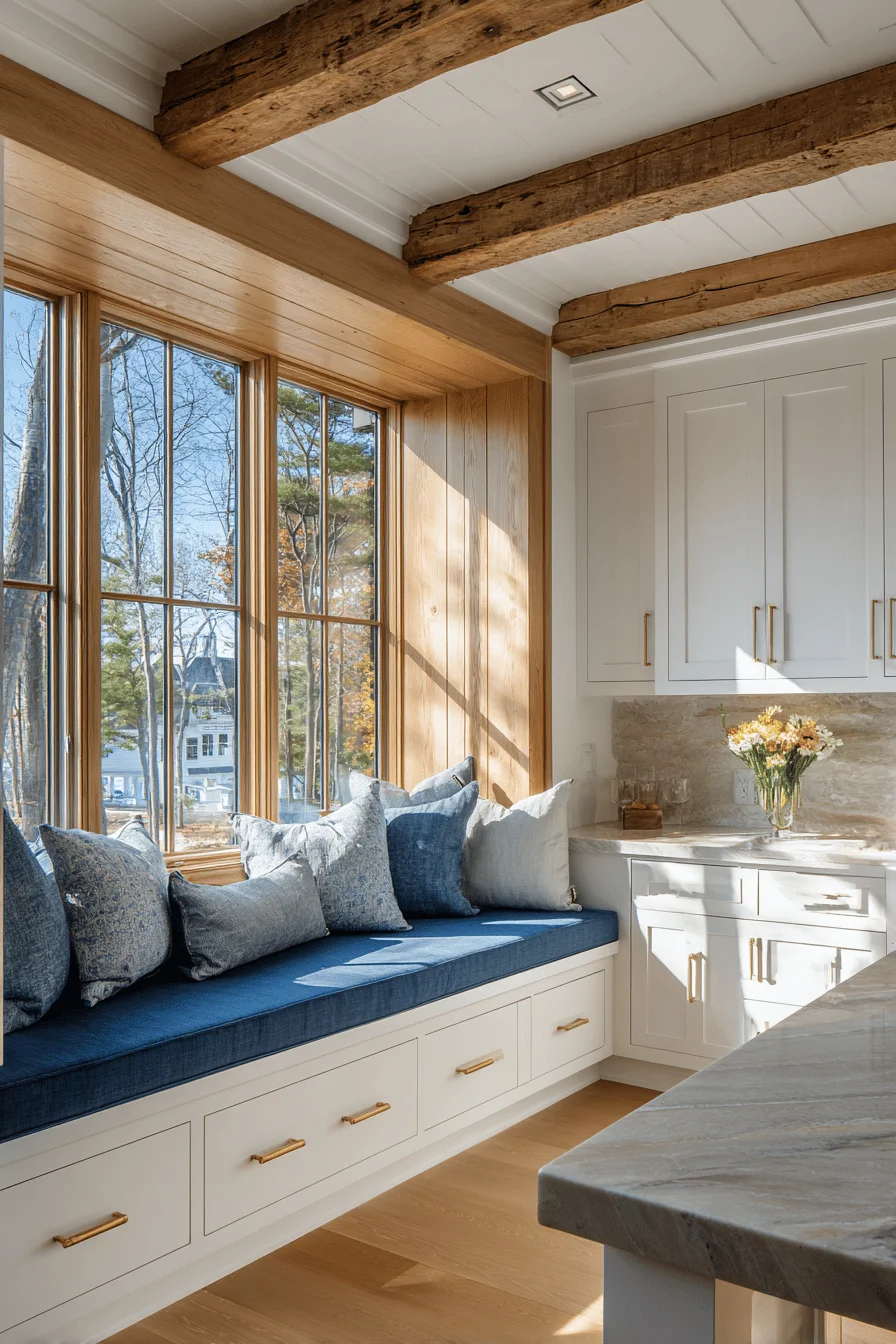 lake house kitchen inspiration showing stone countertops large windows and cozy banquette dining area with blue cushions