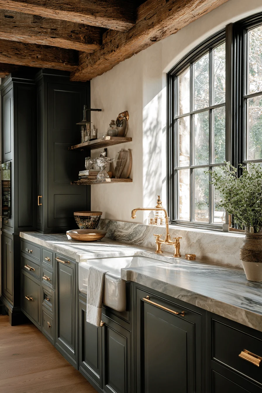 lake kitchen aesthetics with deep charcoal cabinetry warm sunlight and hand hewn wooden beam details