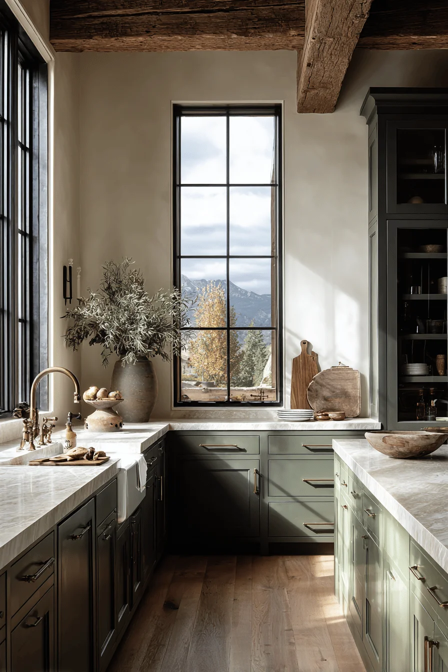 lake kitchen designs showcasing natural stone countertops cream walls and golden hour lighting through large windows