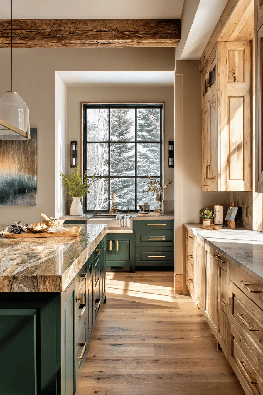 lake kitchen ideas featuring natural wood cabinets with forest green island and golden sunlight