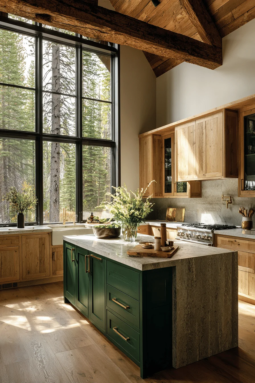 lake kitchen inspiration displaying light oak cabinetry contrasting against deep green kitchen island