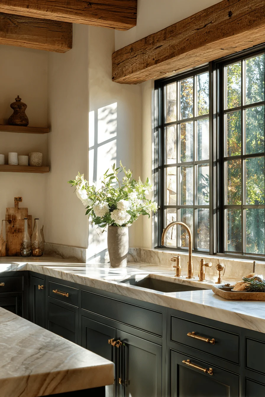 lake kitchen inspiration displaying rustic wood beams antique brass fixtures and neutral sage green paint colors